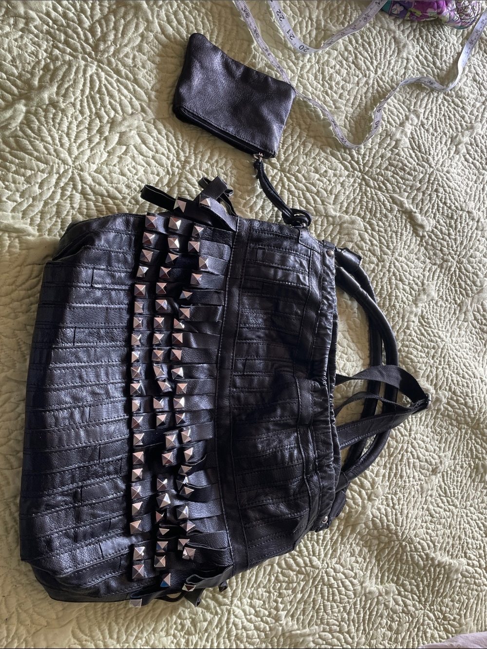 Black Studded Shoulder Tote Bag with Pyramid Accent